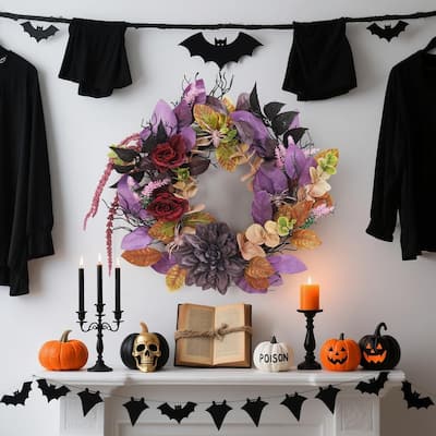 18 Inch Halloween Autumn Wreath with Artificial Flowers - N/A