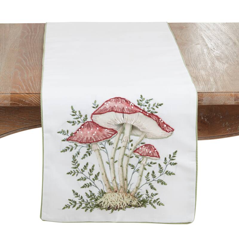 Mushroom Embroidered Table Runner - Decorative Non-Reversible Lined Table Runner for Dining Table, 16"x72" - 16"x72" - White