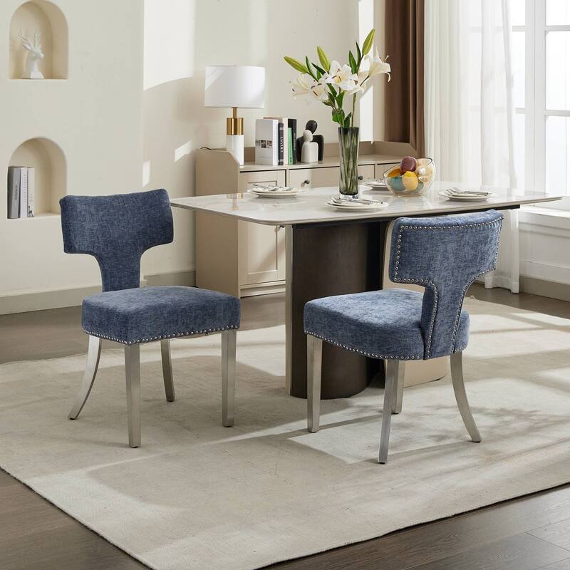Mid Century Modern Dining Chairs Set of 2, Chenille Upholstered Accent Chairs with Copper Nails Trim & Silver Steel Legs - Blue