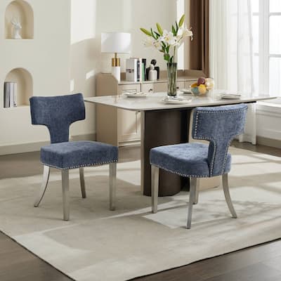 Mid Century Modern Dining Chairs Set of 2, Chenille Upholstered Accent Chairs with Copper Nails Trim & Silver Steel Legs