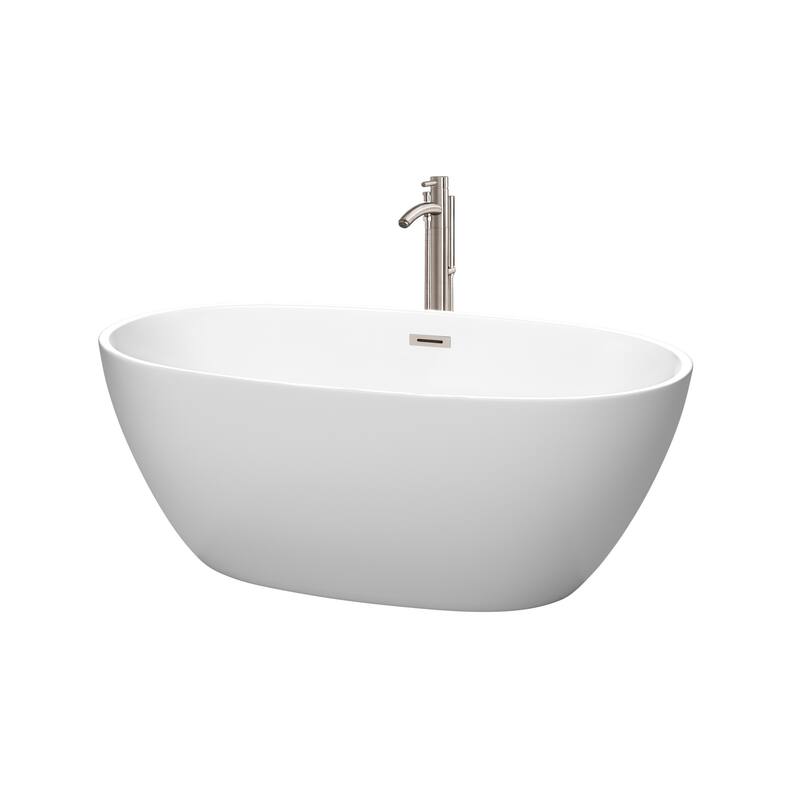 Wyndham Collection Juno 59-Inch Matte White Freestanding Tub w/ Faucet - Matte White, Brushed Nickel Trim & Faucet