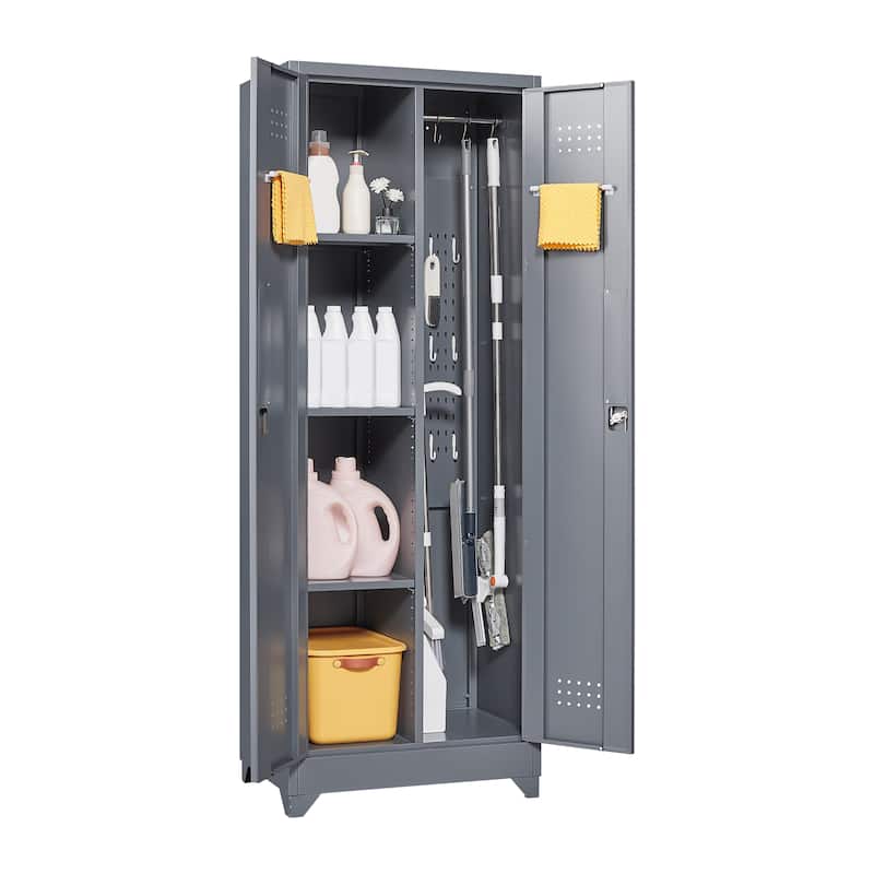 Cleaning Tool Storage Cabinet With Locking Doors And Shelves, Hanging Rod & S-Hooks