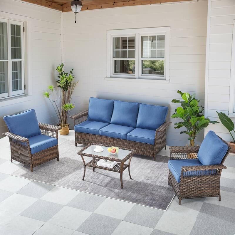 Gymojoy Wicker 3-Seat Sofa with Chair Ottoman and Table - Brown