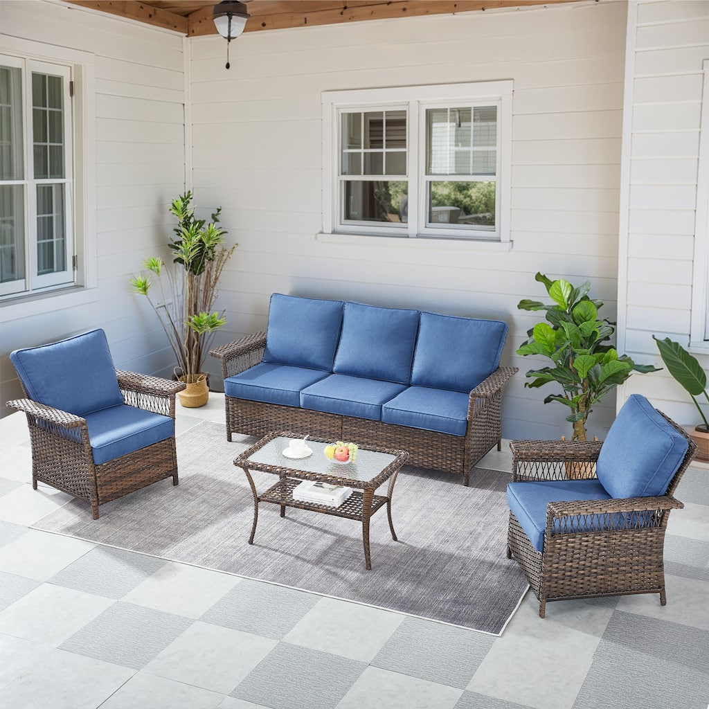 Gymojoy Wicker 3-Seat Sofa with Chair Ottoman and Table - Brown