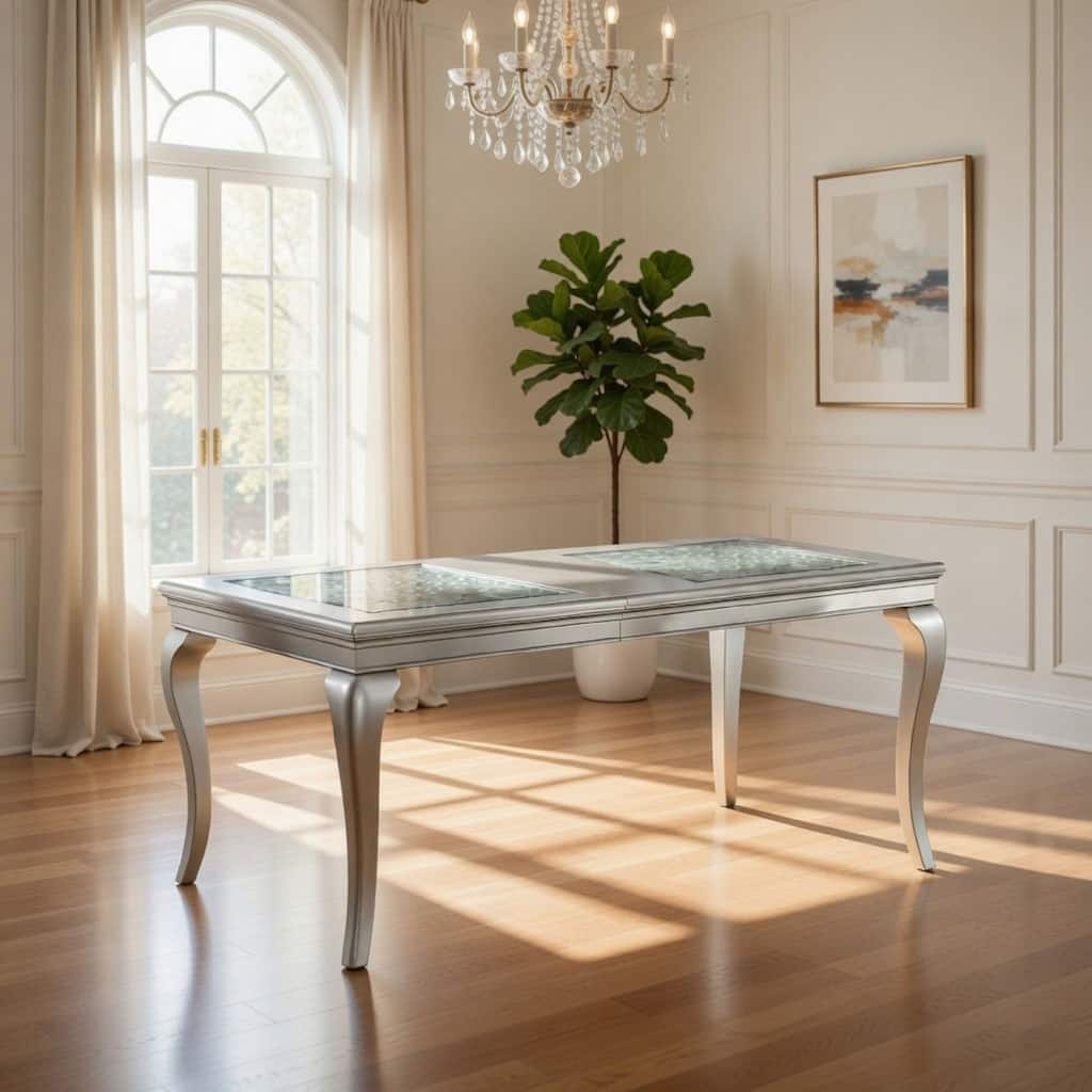 Reme 66-84 Inch Dining Table, 6 Seater Extendable, Glass Silver Wood