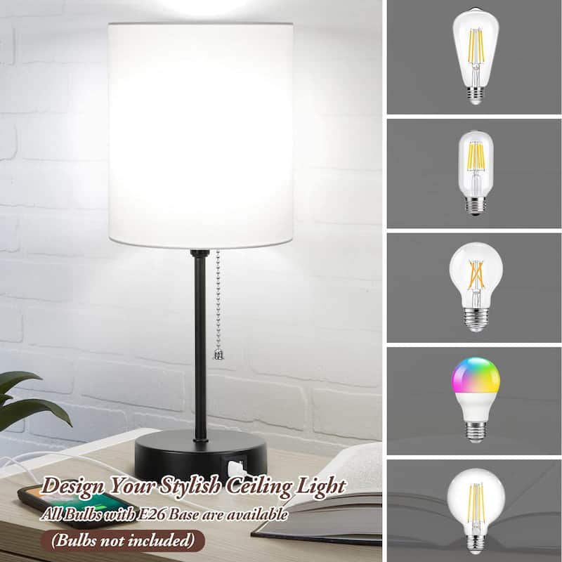 Table Lamps Set of 2 with USB Charging Ports, White Bedside Lamps with AC Outlet, Nightstand Lamps with Pull Chain Switch