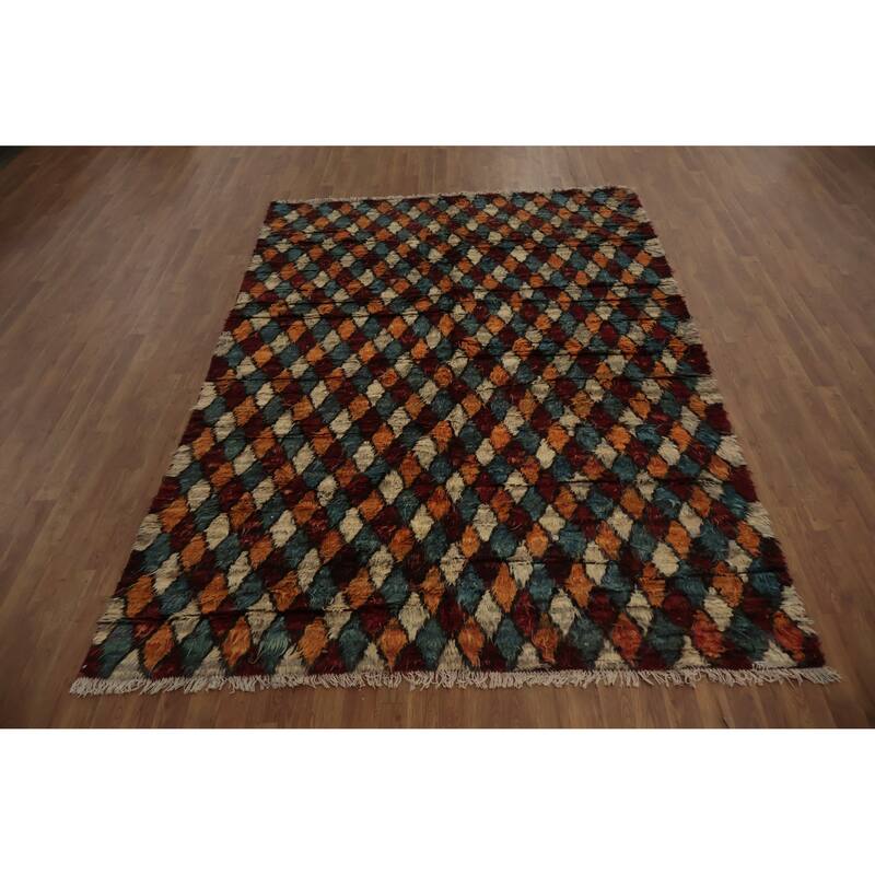 Hand Knotted Oriental 100% Wool Carpet Modern All-Over Multi-Colored Moroccan Area Rug - 9' 7'' X 6' 8''