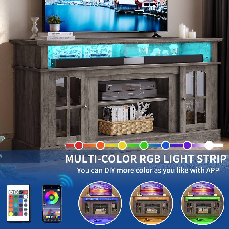 Moasis LED Farmhouse TV Stand Highboy Entertainment Center Media Console with Adjustable Shelves & Glass Doors