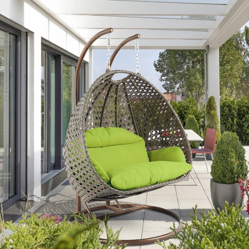 LeisureMod Modern 2-Person Egg Hanging Swing Chair with Beige Wicker, Oxford Fabric Cover, Patio Hammock Lounger and Cushions