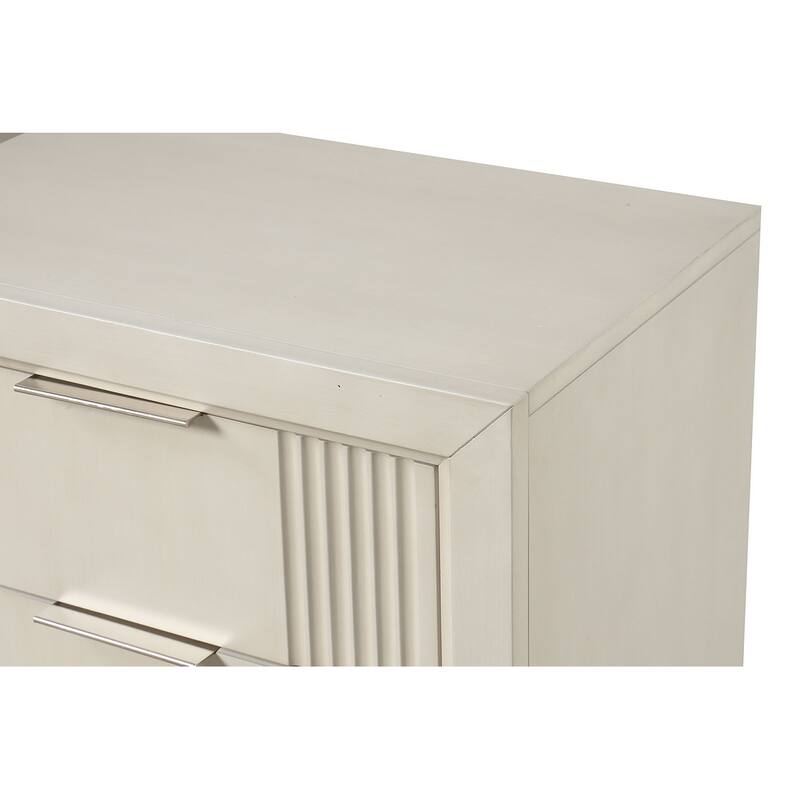 Transitional Nightstand - Antique White Finish, Fluted Design & Chrome Handles
