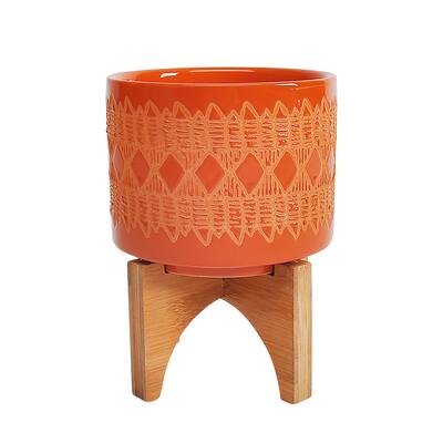 Ceramicamic 5" Aztec Planter On Wooden Stand, Orange - 5" x 5" x 6"