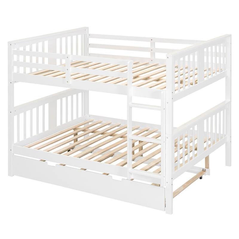 Full over Full Bunk Bed with Twin Size Trundle and Ladder-White