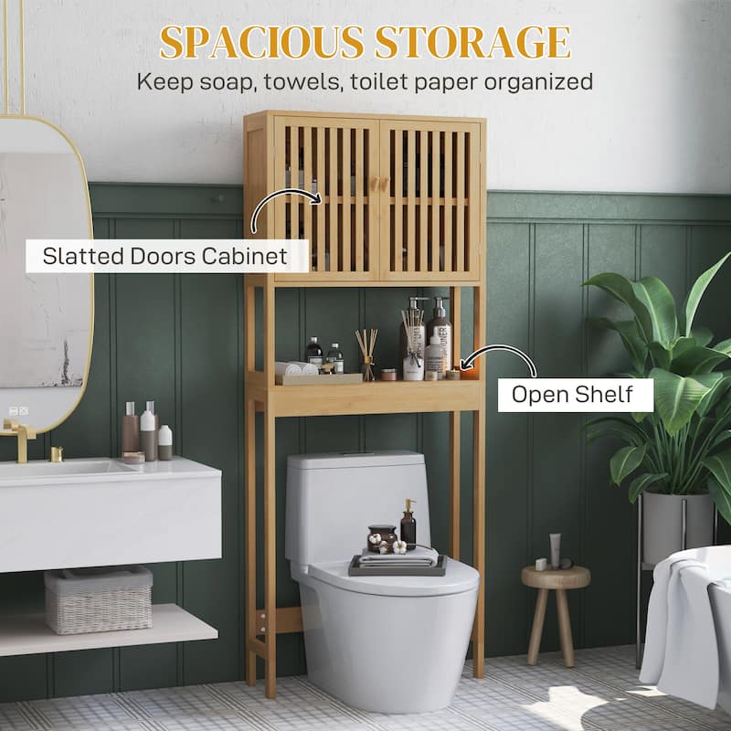 Sofucor Bamboo Over The Toilet Storage Cabinet,Bathroom Organizer with Slatted Doors,Adjustable Shelf and Open Shelf,Natural