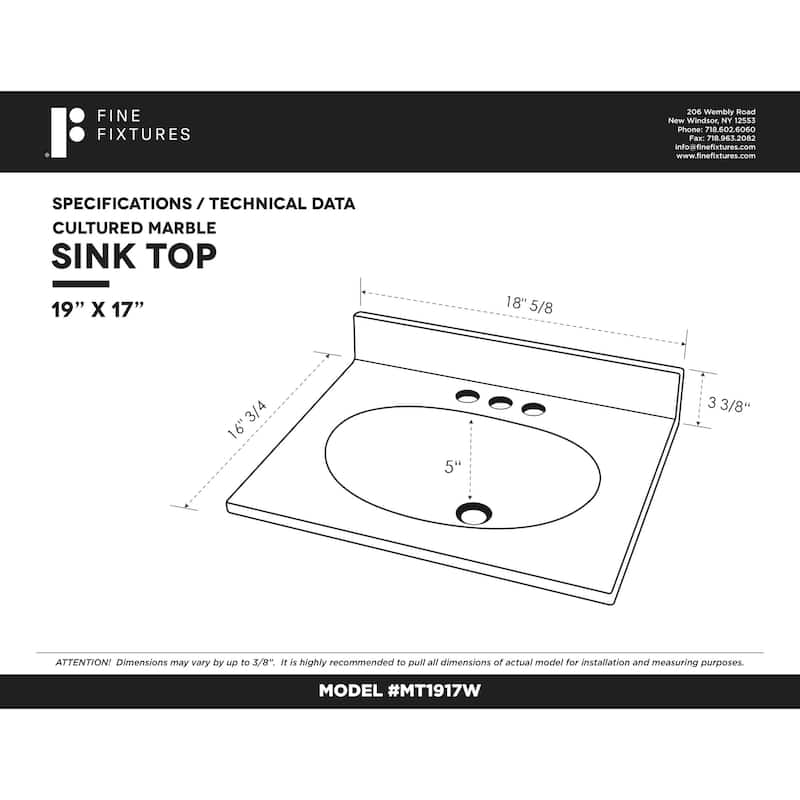 Fine Fixtures White Cultured Marble Top With Integrated Sink, 4" Backsplash and Overflow Included.