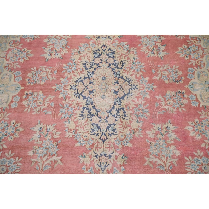 Hand Knotted Oriental 100% Wool Carpet Traditional Floral Pink Kerman Area Rug - 14' 0'' X 9' 11''