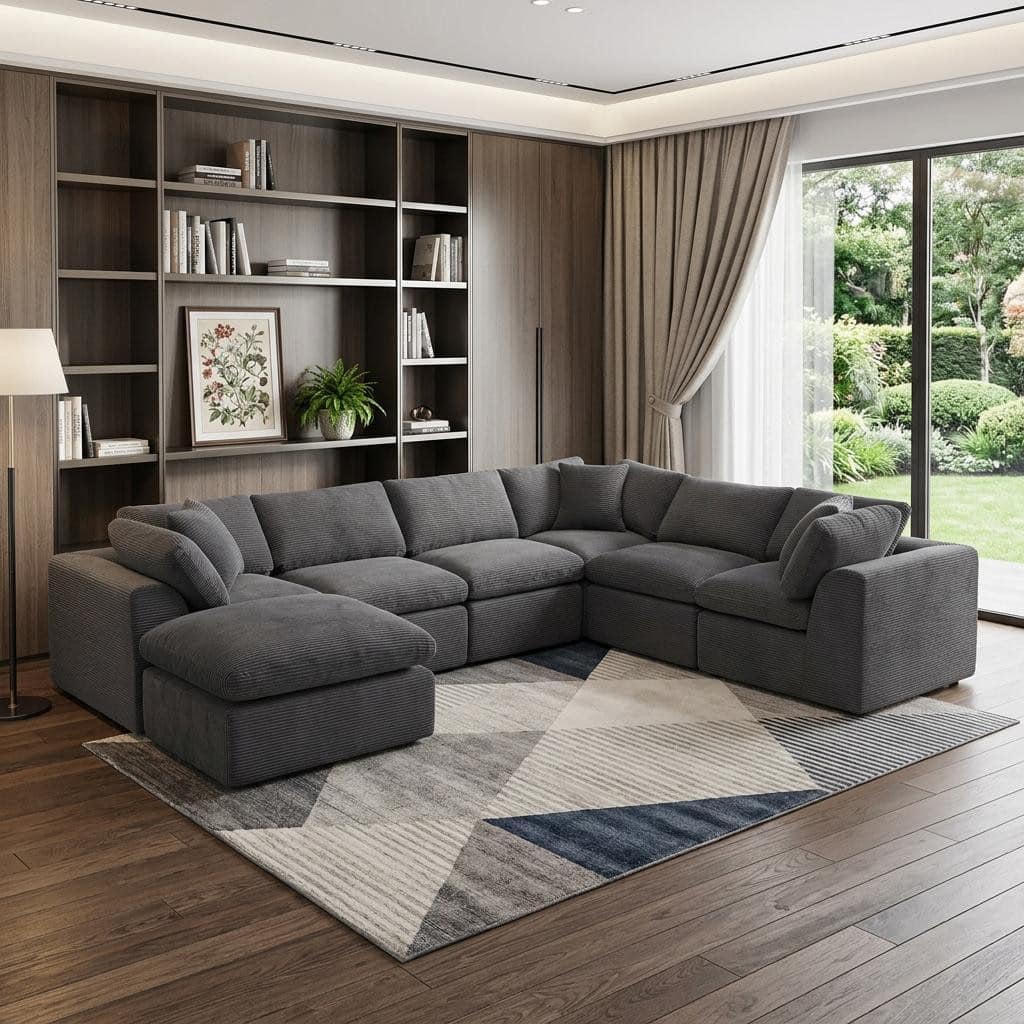 HomeRoots 138" Dark Gray Corduroy Modular Sofa With Ottoman And Toss Pillows