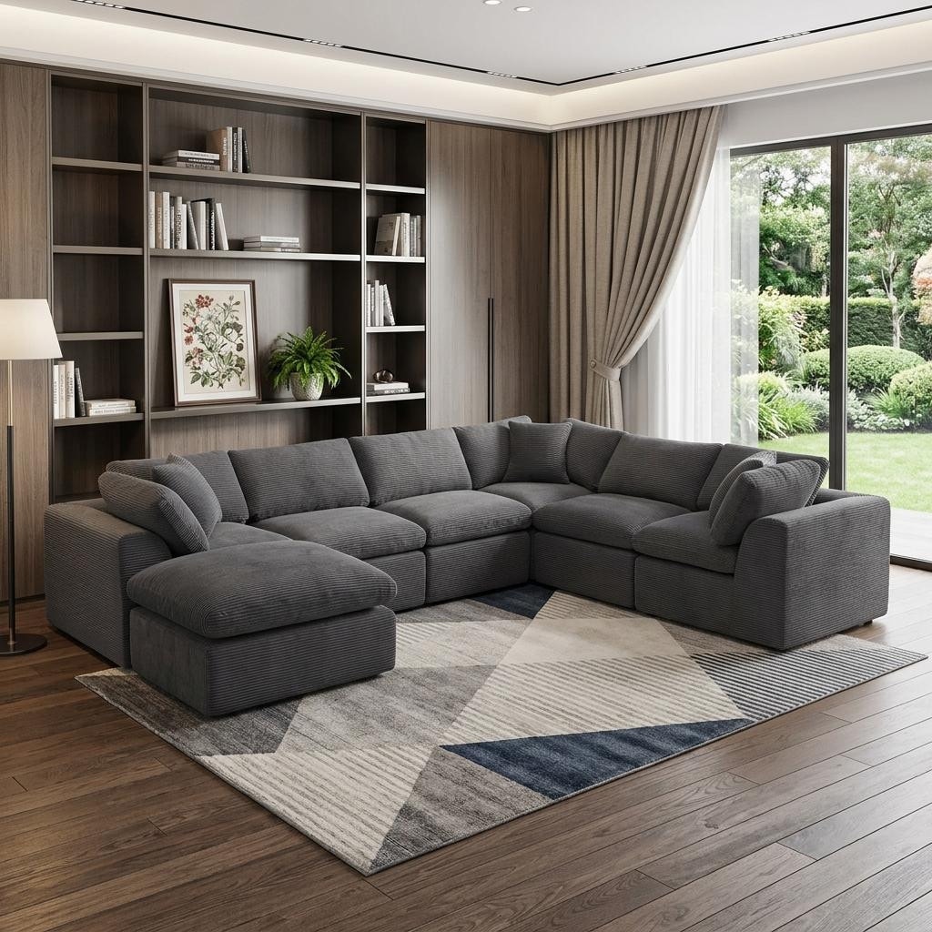 HomeRoots 138" Dark Gray Corduroy Modular Sofa With Ottoman And Toss Pillows