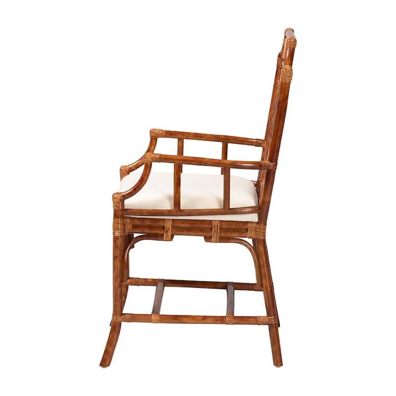 Esmery Marbled Tortoise Natural Rattan Dining Chair - Handcrafted Wicker Armchair with Crisscross Back, Boho Coastal Seating