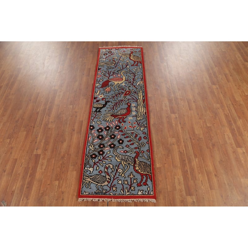 Animal Pictorial Ziegler Indian Runner Rug Handmade Blue Wool Carpet - 2'5"x 8'0"
