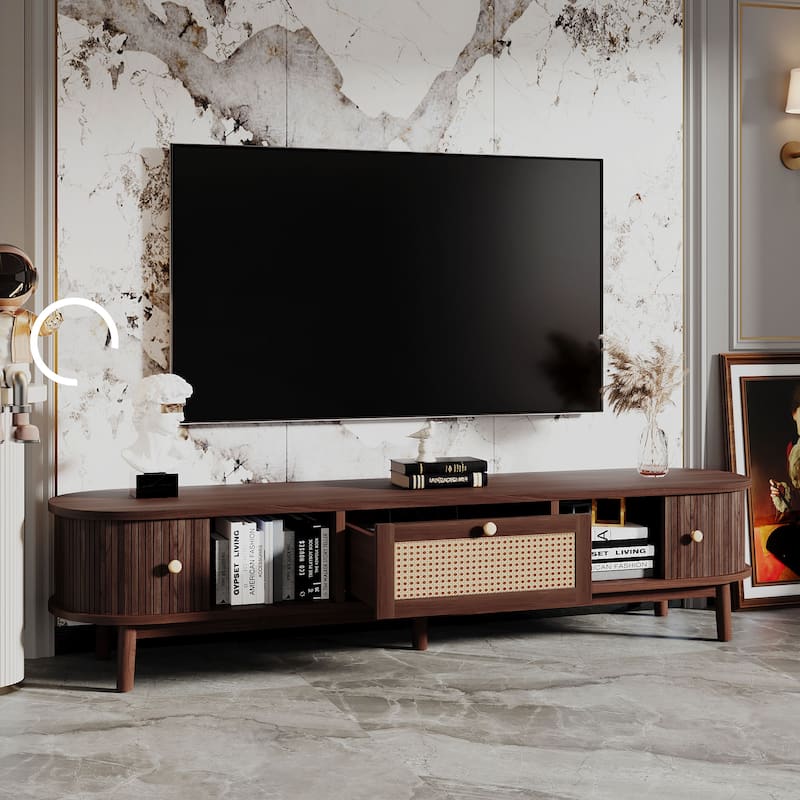 Roomfitters 75" TV Stand with Rattan Drawer, Media Console with 1 Drawer and 2 Sliding Cabinets, Modern Design, Dark Brown