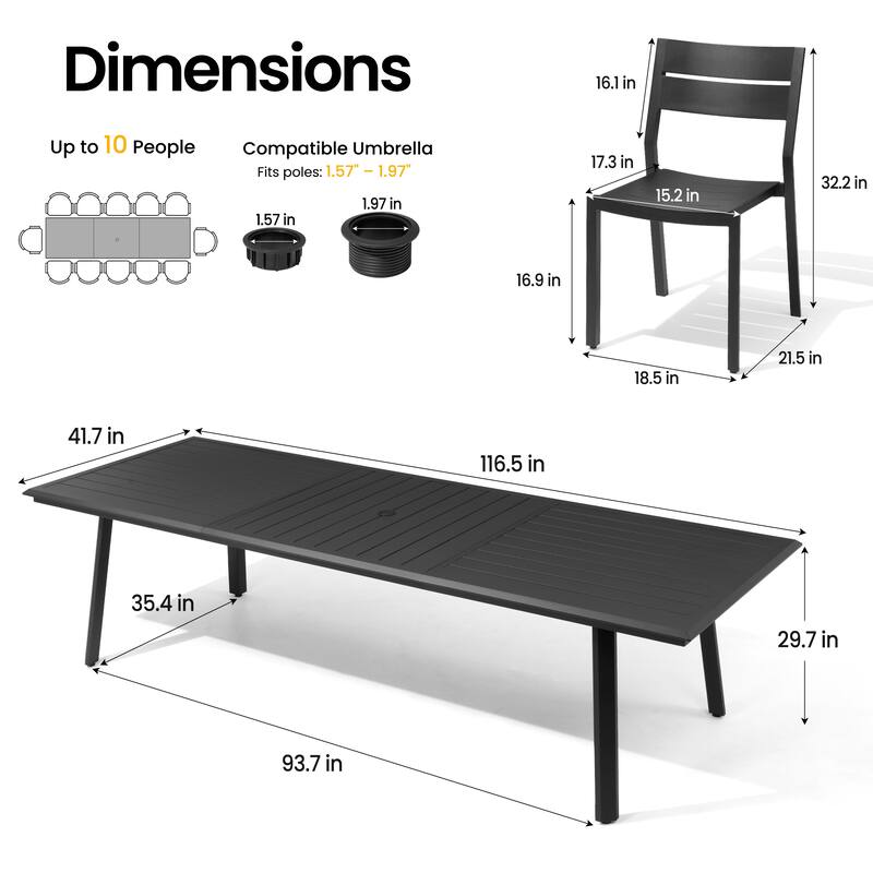 7/9/11/13-Piece Patio Dining Set Outdoor All-Weather Aluminum Dining Table with Umbrella Hole and Stackable Chairs