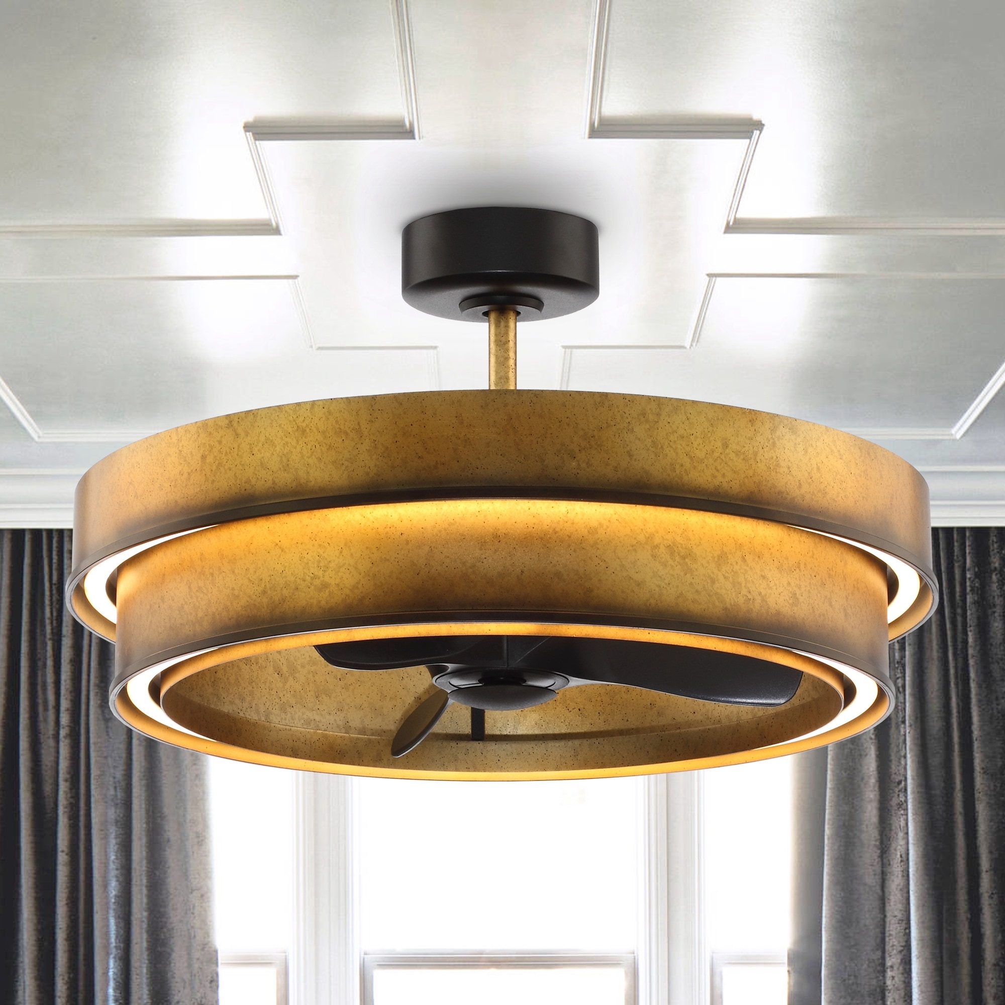 31.5" Rusted Gold Dual LED Strip Caged Fandelier Ceiling Fan with Light and Remote