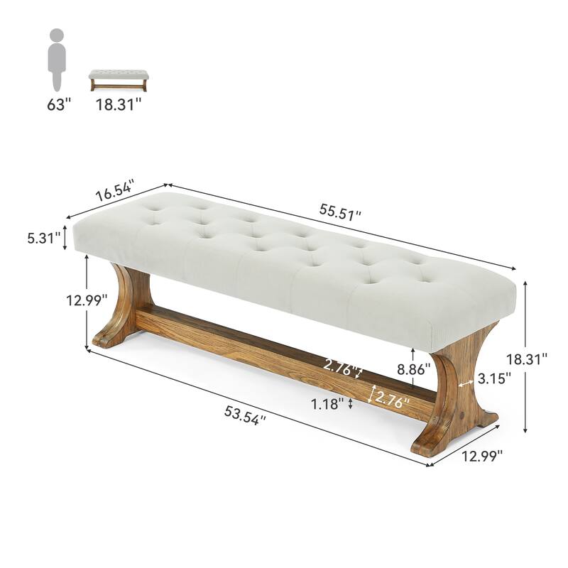 Upholstered End of Bed Bench, 55" Solid Wood Tufted Entryway Bench