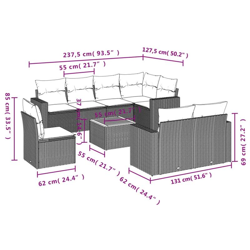 vidaXL Garden Sofa Set Black (rattan), Cream White (cushions) - 24.4 x 25.8 x 27.2