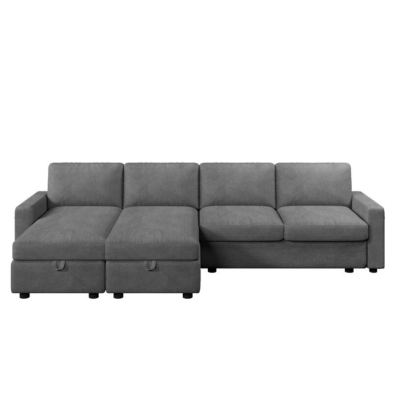 103.9" U-shaped Dark Gray Convertible Sofa with Storage Chaise & USB Ports, Polyester