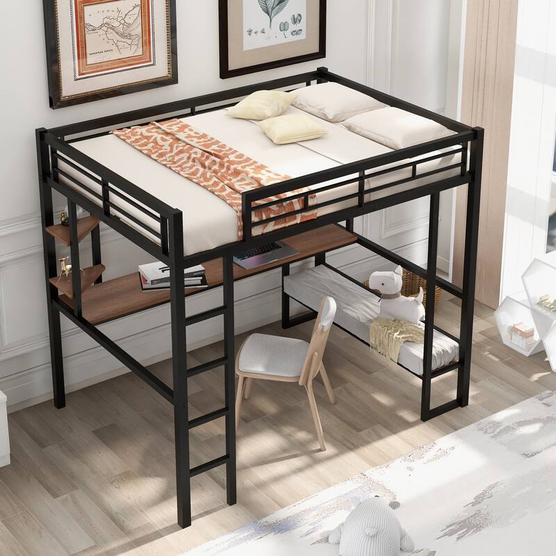 Full Size Loft Bed (Metal & MDF) - Long Desk & Shelves - Black, Space-Saving Functional Furniture