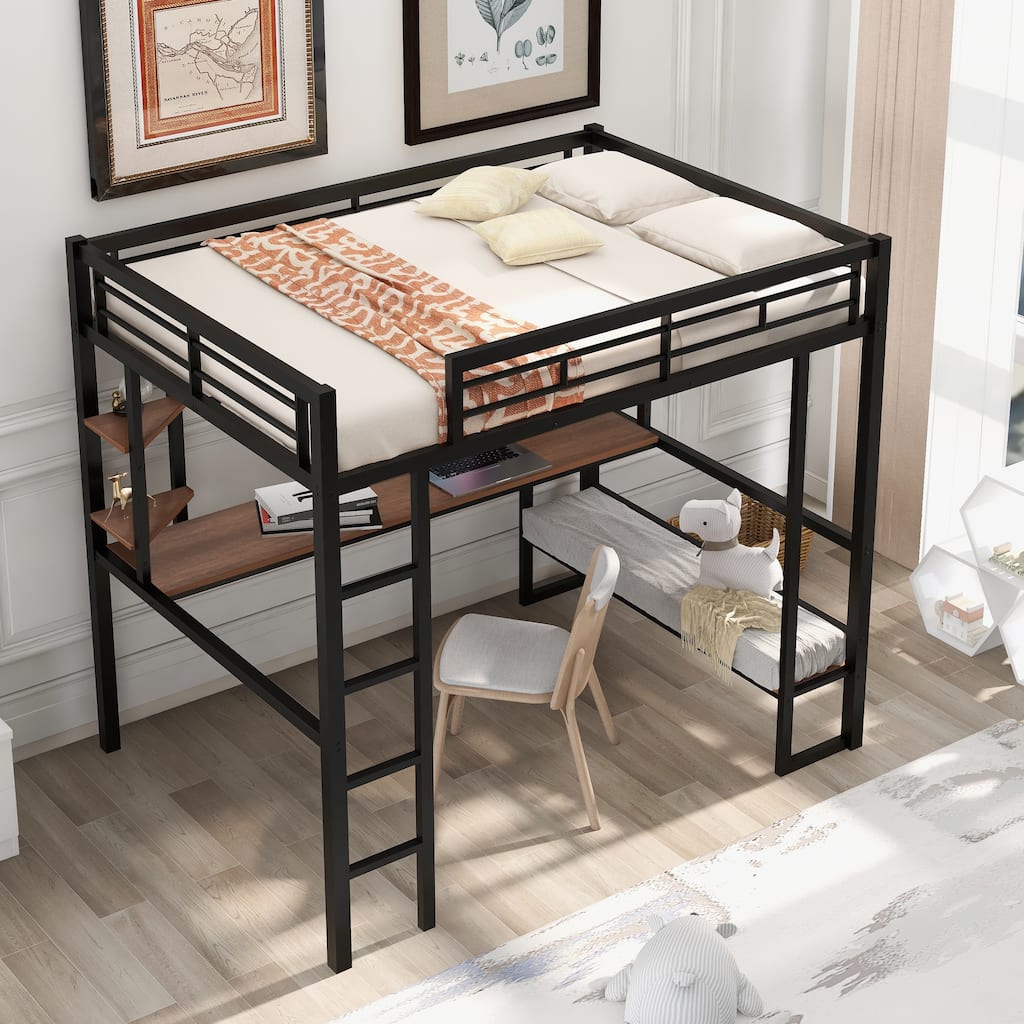 Metal Full Size Loft Bed with Long Desk & Shelves, Steel Full Bedframe