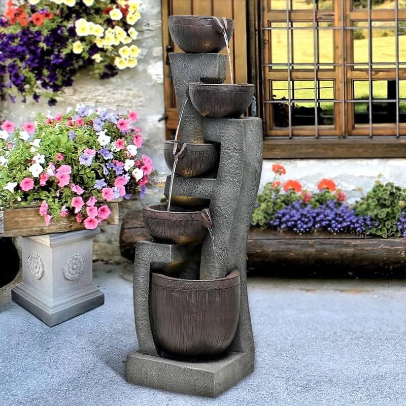 43.7-inch H Outdoor Garden Fountain with LED Lights 5-Tier Waterfall