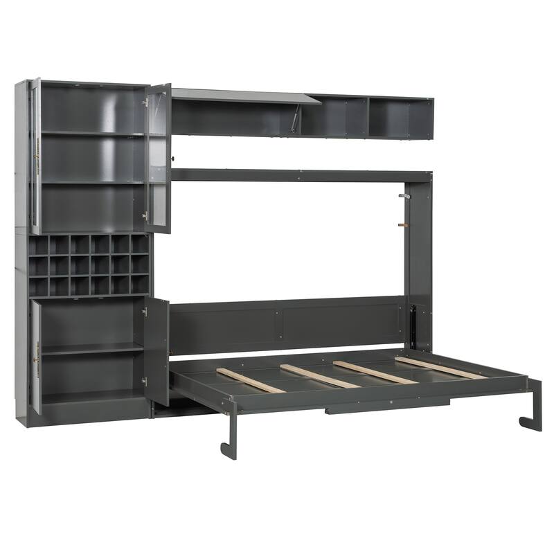 Space-Saving Full Size Murphy Bed with Sofa, Shelves, USB & Light in Gray