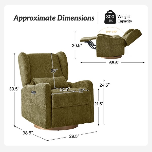 dimension image slide 2 of 4, HULALA HOME Remo Modern Electric Waterproof Nursery Swivel Glider Recliner with Built-in Nightlight and USB ports Set of 2