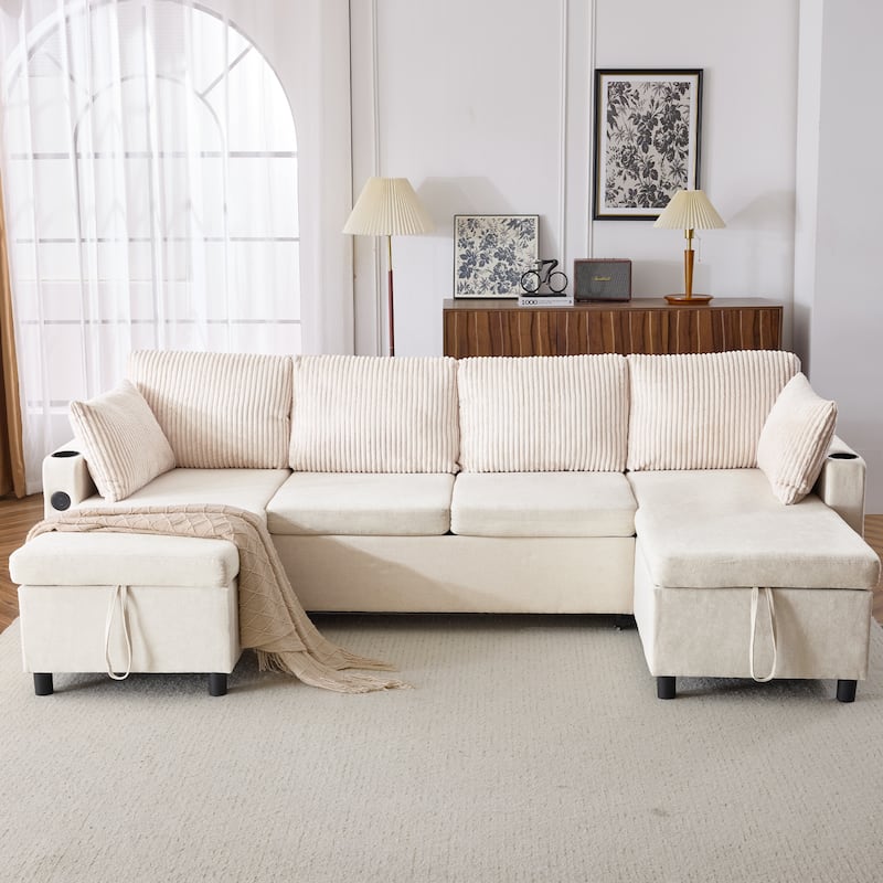 Chenille Sectional Sofa Convertible Sleeper Sofa, U Shaped Couch Sofa with 2 Storage Chaise Lounges and 2 Pillows