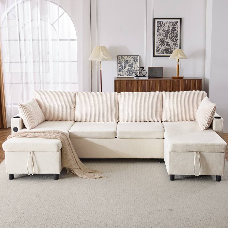 Modern U Shaped Sectional Sofa with Pull Out Bed and Dual Storage Chaises and USB Ports for Versatile Living Room Comfort - Beige