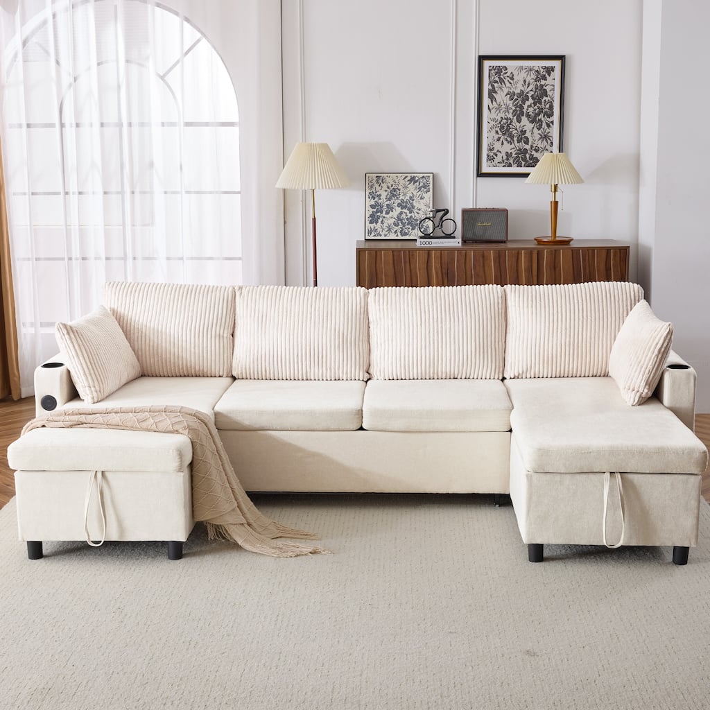 Modern U Shaped Sectional Sofa with Pull Out Bed and Dual Storage Chaises and USB Ports for Versatile Living Room Comfort