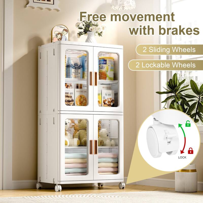 Javlergo 2-Tier White Rolling Storage Cabinet with Adjustable Shelves Locking Wheels & Transparent Doors Freestanding Organizer