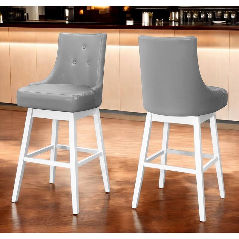 HomeRoots Set of Two 29 " Gray And White Faux Leather And Solid Wood Swivel Bar Height Bar Chairs - Bar Height - Set of 2 - Gray