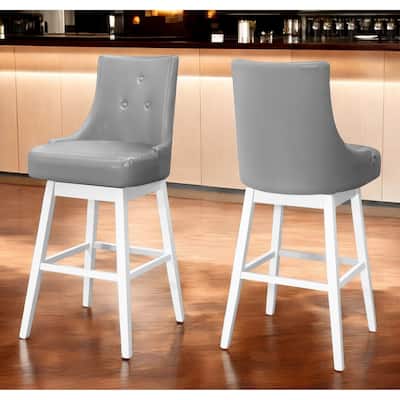 HomeRoots Set of Two 29 " Gray And White Faux Leather And Solid Wood Swivel Bar Height Bar Chairs