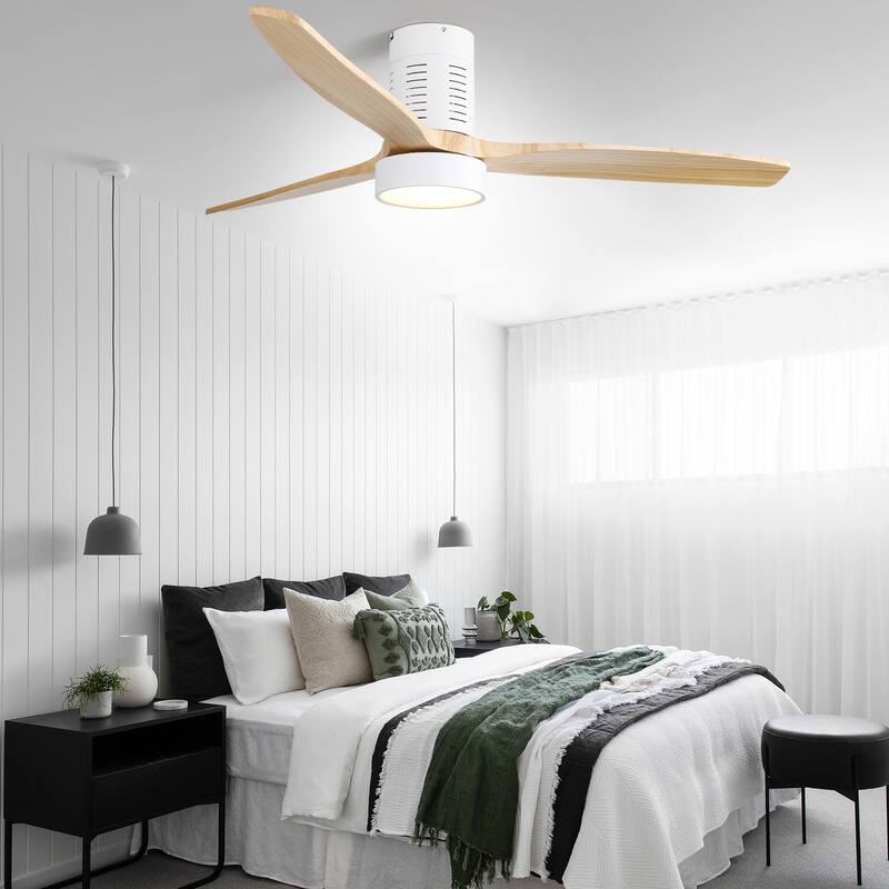 52" Flush Mount Wood Ceiling Fan with Dimmable LED Light and Remote Control