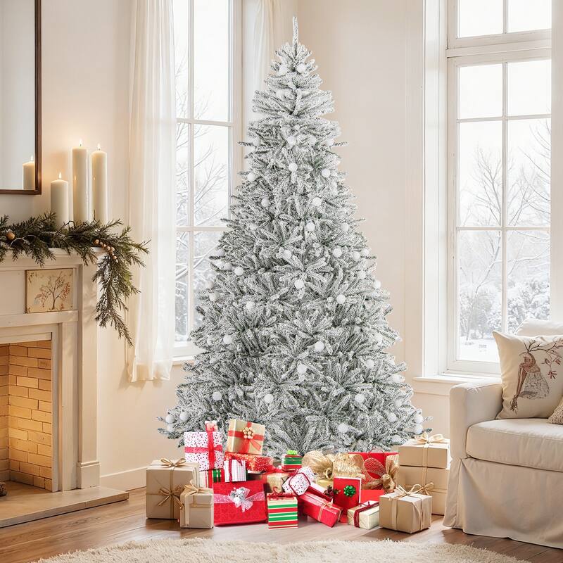 Costway 6/7/8 FT Snow-flocked Artificial Christmas Tree with 51/65/81 - Green & White - See Details