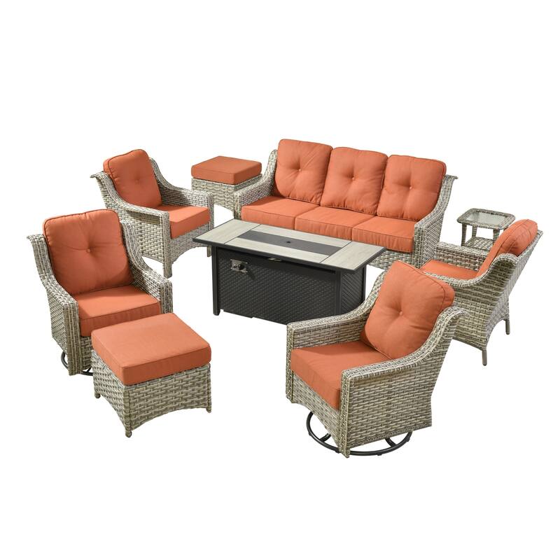 HOOOWOOO 9-piece Rattan Outdoor High Backrest Swivel Chair Set with 54"Fire Pit