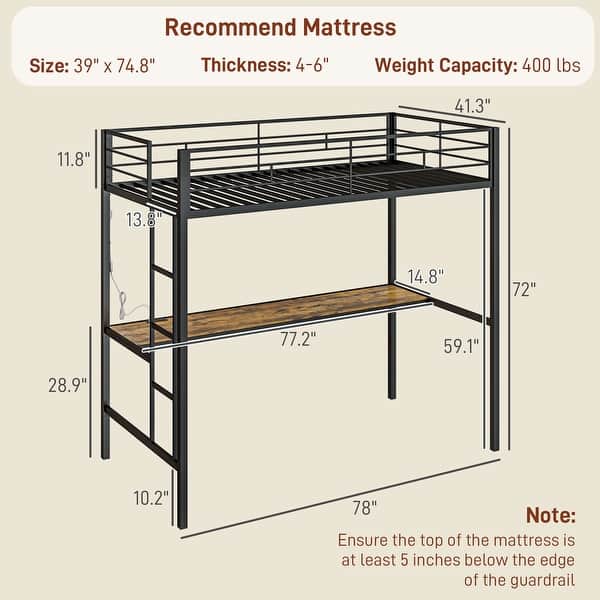 HOMCOM Loft Bed Twin Size with Desk, LED Lights, Charging Station, Twin Size Metal Loft Bed Frame
