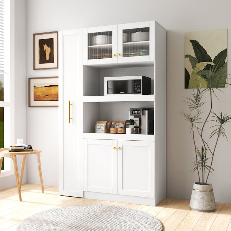 Tall Farmhouse Kitchen Pantry Cabinet, Pantry Storage Cabinet with 4 Doors & Shelf, Freestanding Pantry Organizers