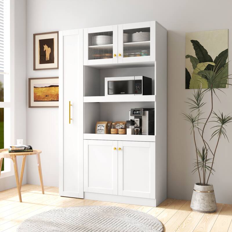 Wood Kitchen Pantry Cabinet with Pull-Out Storage Shelf, Modern Home Cabinet Hutch with Microwave Stand for Dining Room