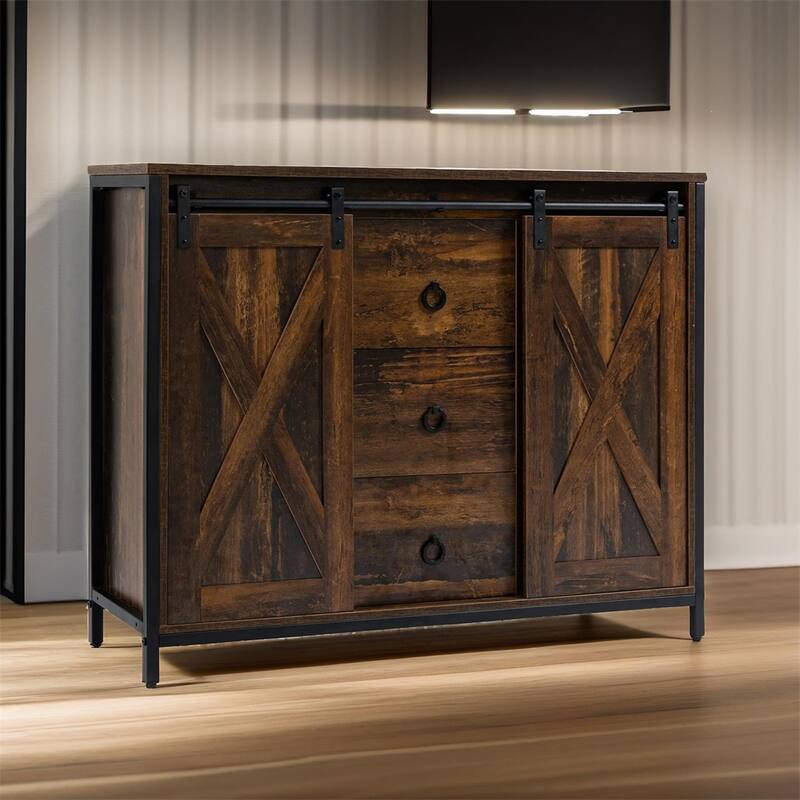Buffet Cabinet with Sliding Barn Doors,3 Drawers,Adjustable Shelves