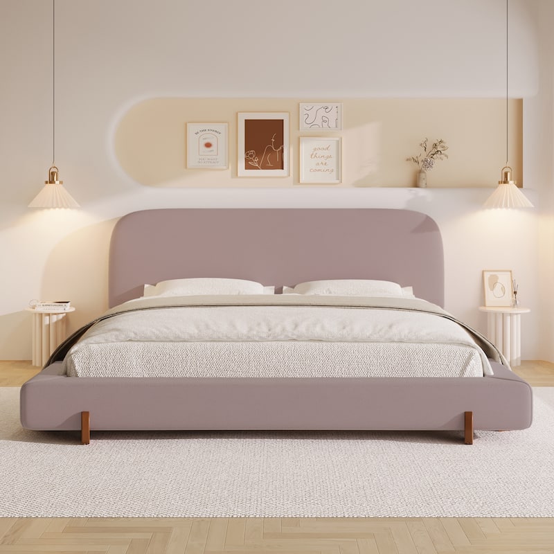 King Size Velvet Bed Frame with Headboard, Modern Upholstered Platform with Wood Legs - Pink-King
