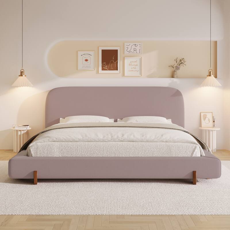Upholstered Platform Bed Frame w/Curve Shaped Headboard/Wood Slats Support/Solid Round Legs/No Box Spring Needed/Easy Assembly
