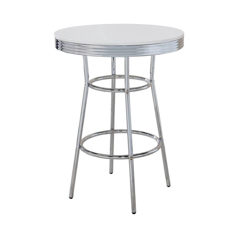 42 Inch Round Bar Table, Ribbed Apron, Glossy White Lacquer, Retro Style - Silver, White
